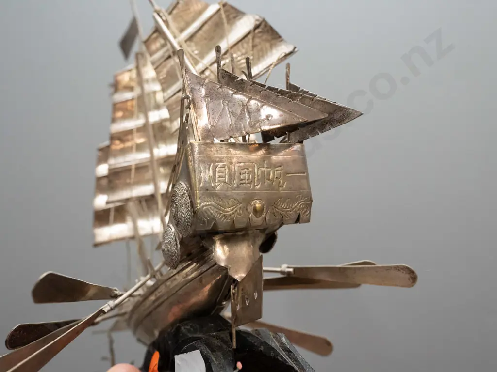 Asian small intricately detailed metal ship model - some removable oars and one sail slightly bent H-90 L-130 Image 1++