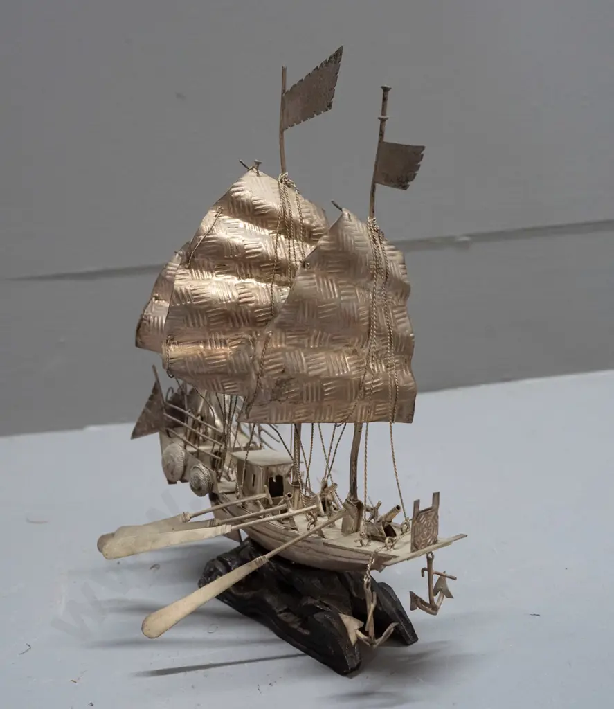 Asian small intricately detailed metal ship model - some removable oars and one sail slightly bent H-90 L-130 Image 1++