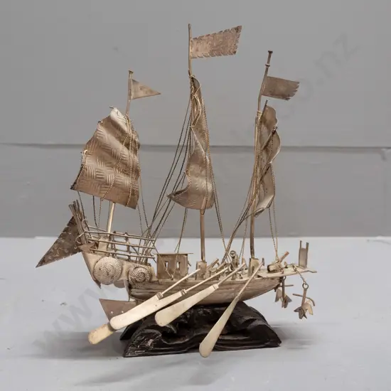 Asian small intricately detailed metal ship model - some removable oars and one sail slightly bent H-90 L-130