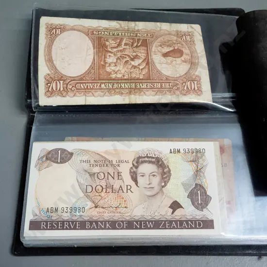 bank note collector's wallet with assorted New Zealand notes - from 1 shilling to $50 and one Millennium $10 etc.