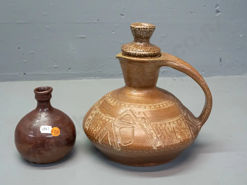 2 studio pottery items with unknown marks - stoppered jug H-220 W-200 and small vase Image 1++