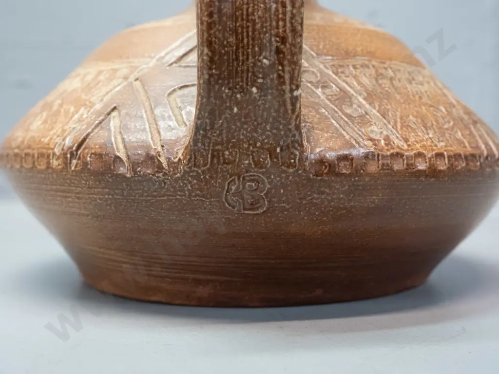 2 studio pottery items with unknown marks - stoppered jug H-220 W-200 and small vase Image 1++