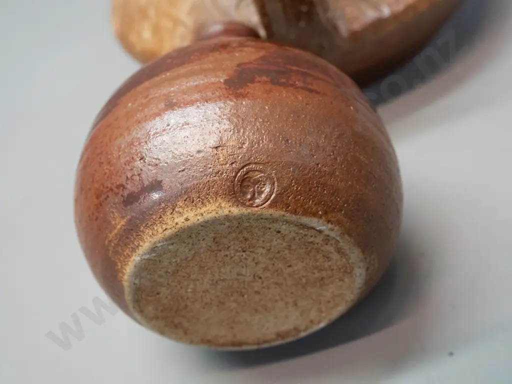 2 studio pottery items with unknown marks - stoppered jug H-220 W-200 and small vase Image 1++