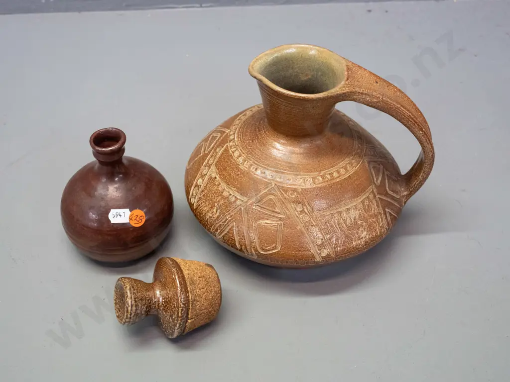 2 studio pottery items with unknown marks - stoppered jug H-220 W-200 and small vase Image 1++