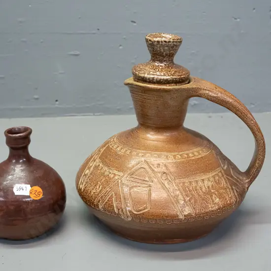2 studio pottery items with unknown marks - stoppered jug H-220 W-200 and small vase