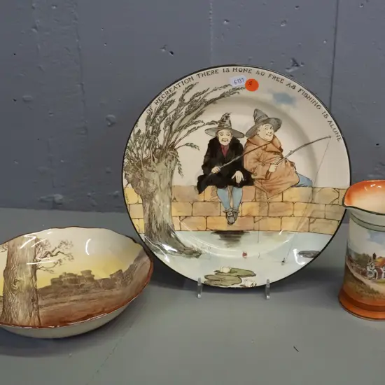 3 pieces of Royal Doulton - Gallant Fishers plate D-240, Herstmonceux Castle coupe plate, Villages of England jug