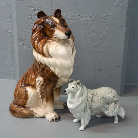2 collie dog figures - large with no maker's marks, has some chips to glaze around tail area H-380 & smaller with