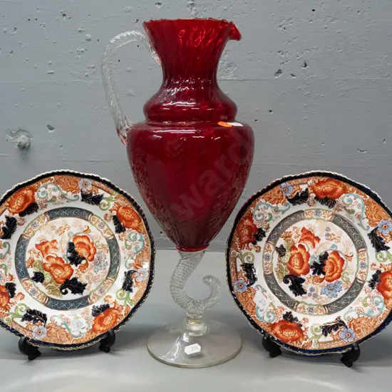 2 vintage Woods & Son Imari style side plates D200 and a red ruby and clear glass ewer jug with twisted stem and handle