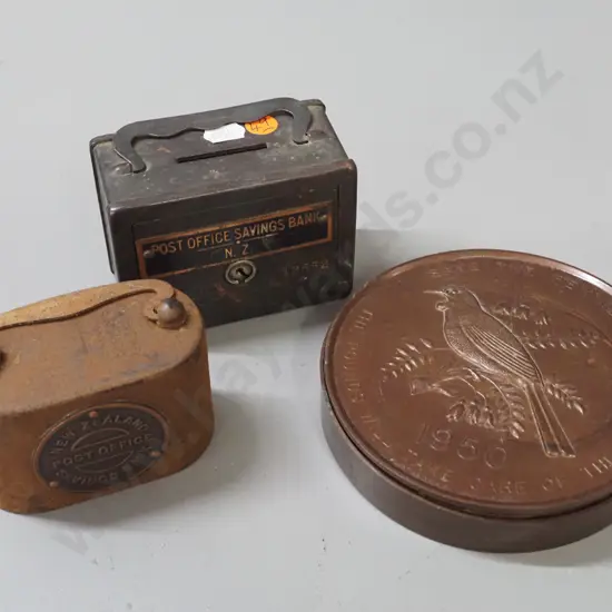3 money boxes - 2 Post Office Savings Bank NZ, one in heavily corroded condition, other w/copper finish, and a large