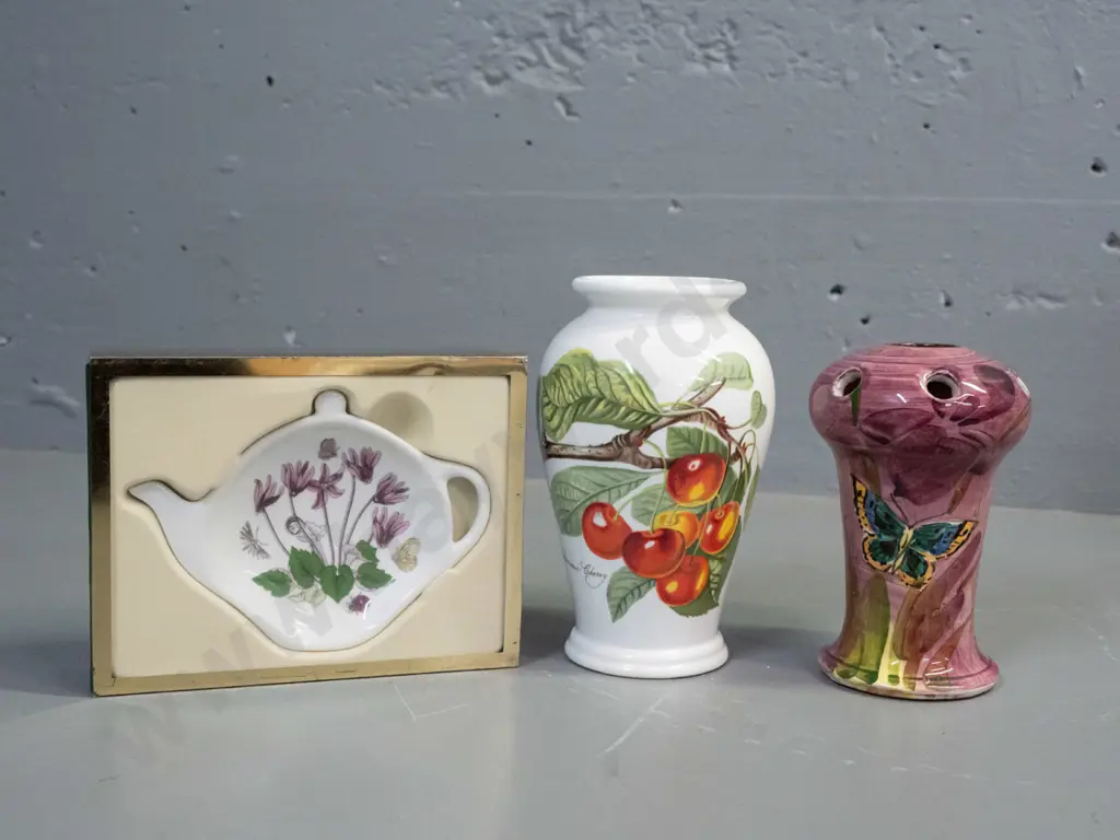 Portmeirion boxed teapot shaped spoon rest and Pomona vase H-145 and an English lustre butterfly vase Image 1++
