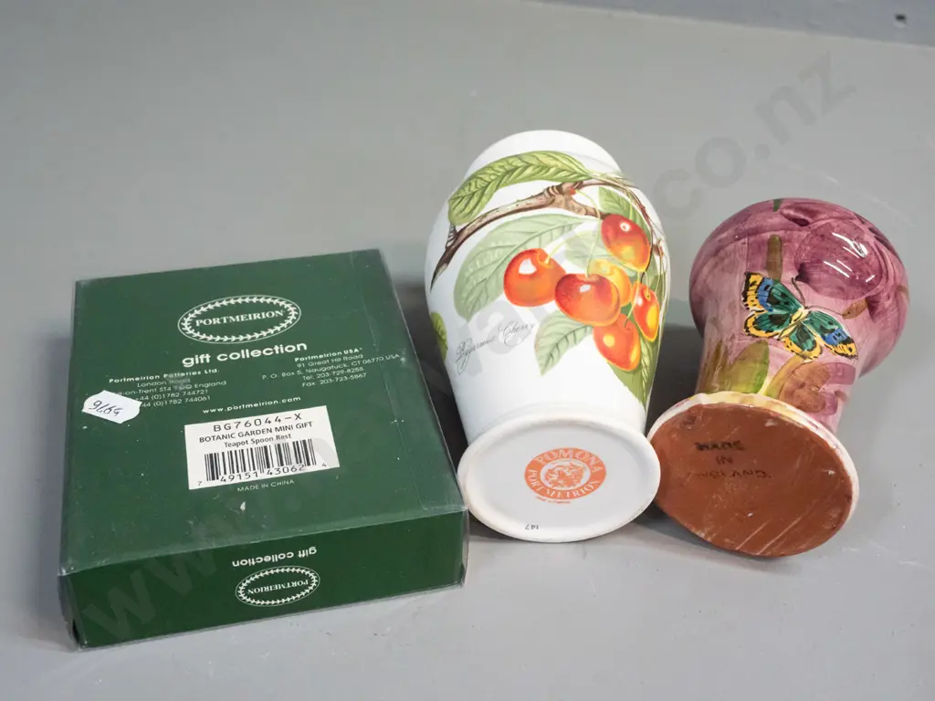 Portmeirion boxed teapot shaped spoon rest and Pomona vase H-145 and an English lustre butterfly vase Image 1++