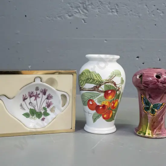 Portmeirion boxed teapot shaped spoon rest and Pomona vase H-145 and an English lustre butterfly vase