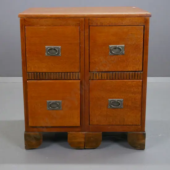 vintage oak and rewarewa small 4-drawer chest, likely made from 2 dresser pedestals, with replacement metal drop handles