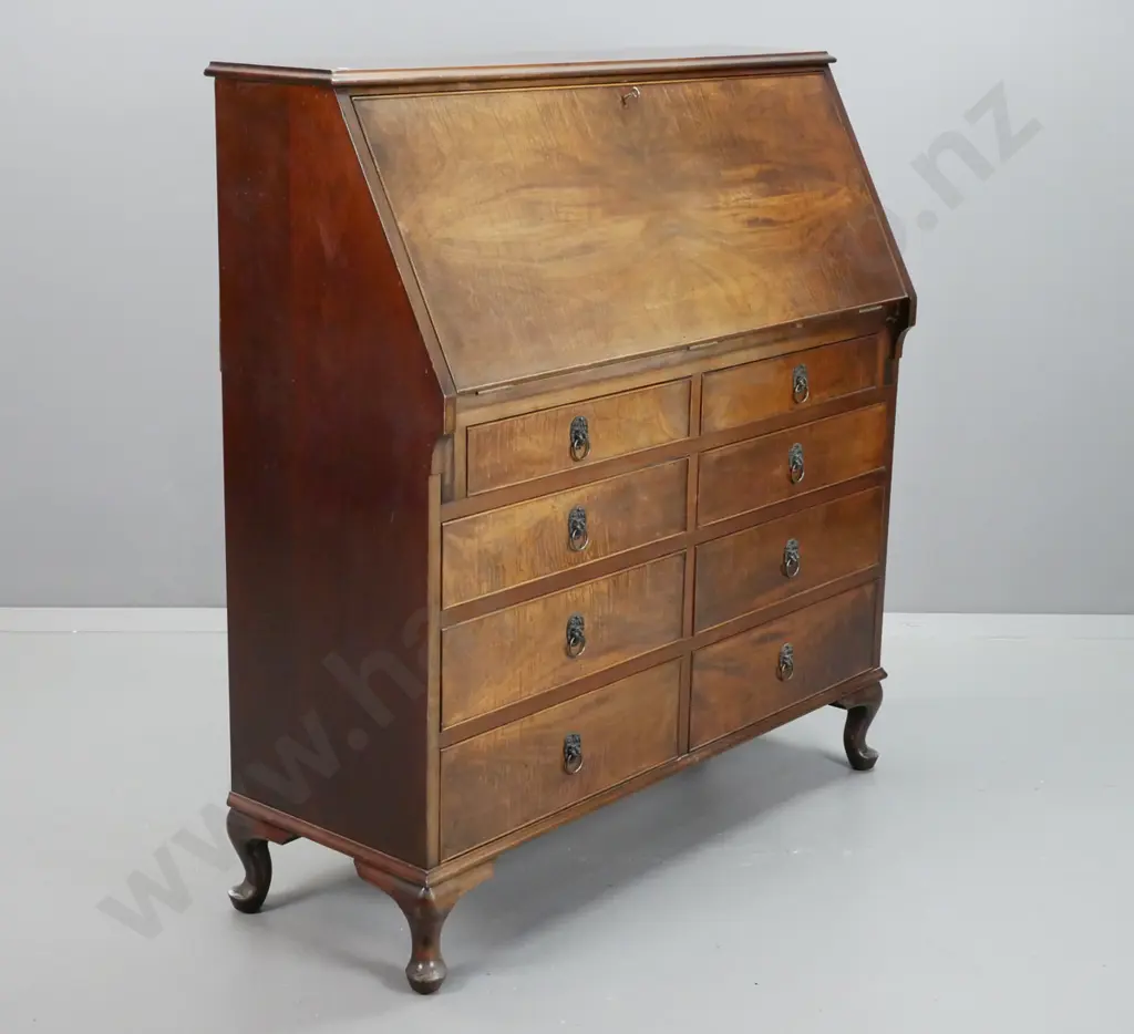 Edwardian figured mahogany fall front bureau with fitted interior pigeonholes & drawers, vinyl insert writing surface, Image 1++