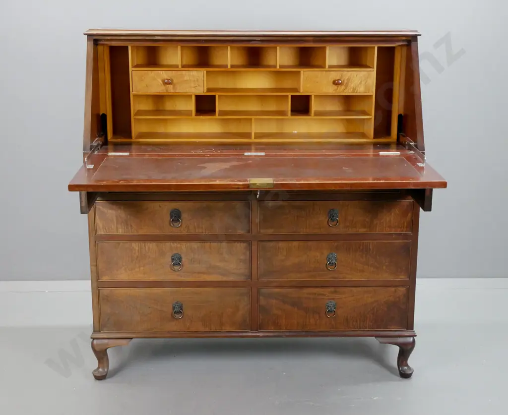 Edwardian figured mahogany fall front bureau with fitted interior pigeonholes & drawers, vinyl insert writing surface, Image 1++