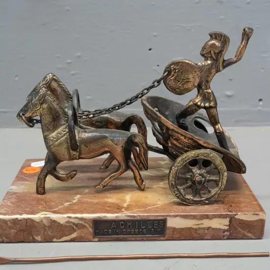 cast metal figure of Achilles with chariot and horses with plaque on marble base - spear is loose, has a few bends H-140