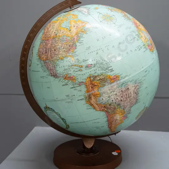 Replogle 12" world globe on plastic base with metal support arm - some corrosion to top cap H-400