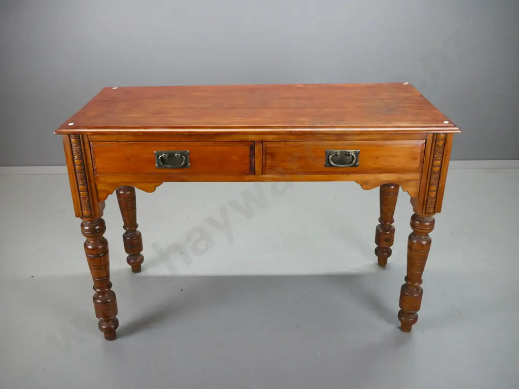restored Edwardian 2-drawer desk with press-carved decoration, turned legs - has filled holes in legs from removed Image 1++