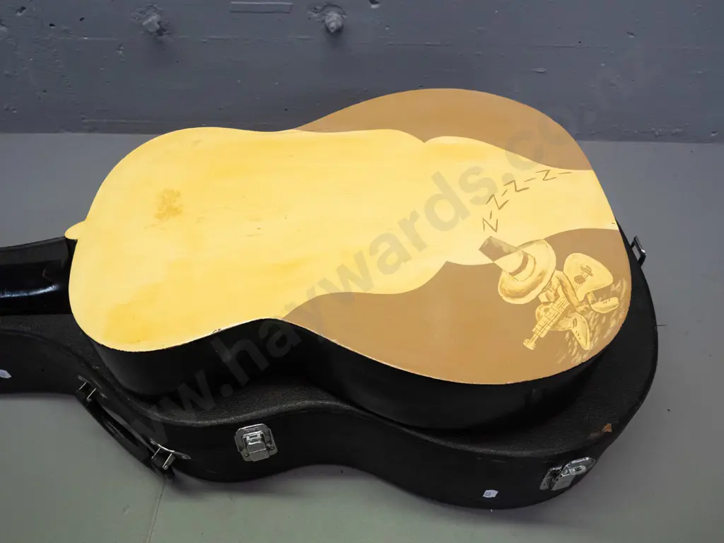 retro acoustic guitar with hand painted figure on back - overall age wear, water staining, bubbling to finish, original Image 1++