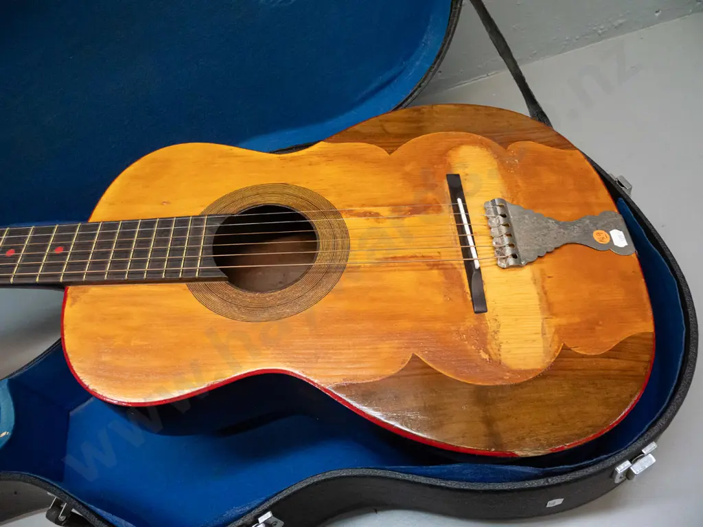 retro acoustic guitar with hand painted figure on back - overall age wear, water staining, bubbling to finish, original Image 1++