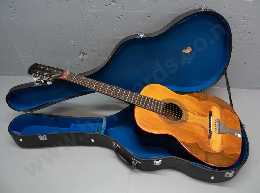 retro acoustic guitar with hand painted figure on back - overall age wear, water staining, bubbling to finish, original Image 1++