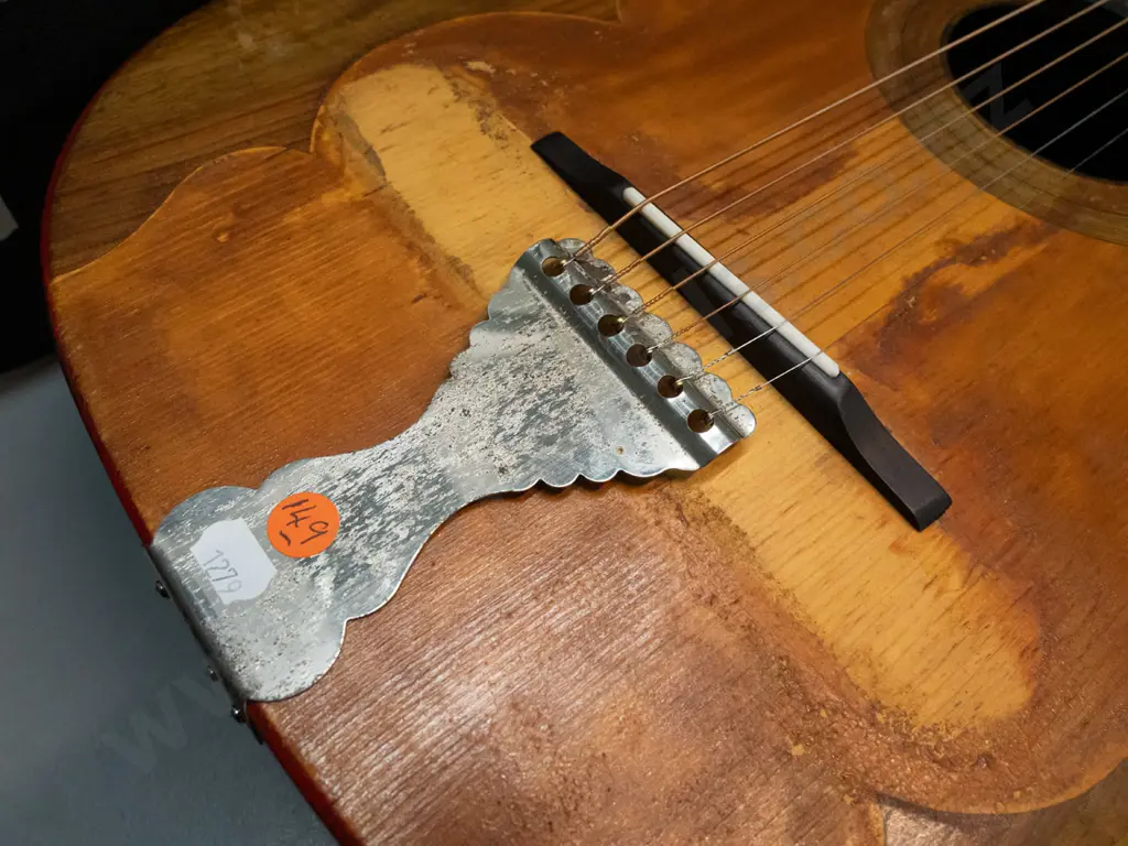 retro acoustic guitar with hand painted figure on back - overall age wear, water staining, bubbling to finish, original Image 1++