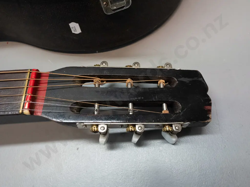 retro acoustic guitar with hand painted figure on back - overall age wear, water staining, bubbling to finish, original Image 1++