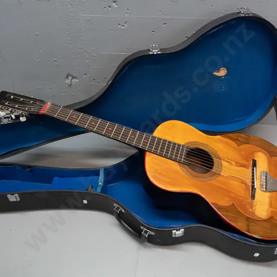retro acoustic guitar with hand painted figure on back - overall age wear, water staining, bubbling to finish, original