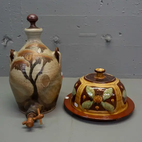 New Zealand studio pottery items - stoppered tree pattern ewer / dispenser with spigot, has unknown mark, and a terra