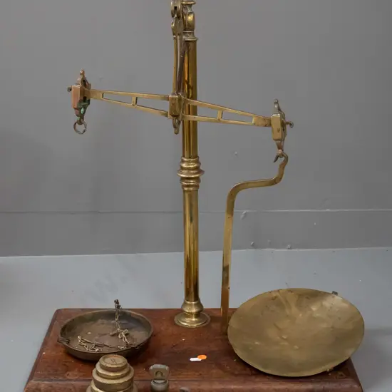 vintage brass balance scales on timber base, with assorted weights, missing one chain for weight tray - general wear and