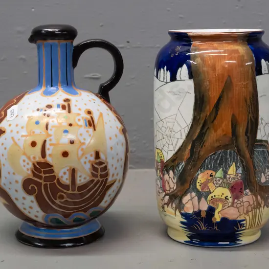 vintage European gnome motif vase with gilt spider webs, mushrooms etc. - hard to read number mark - and a Gouda style