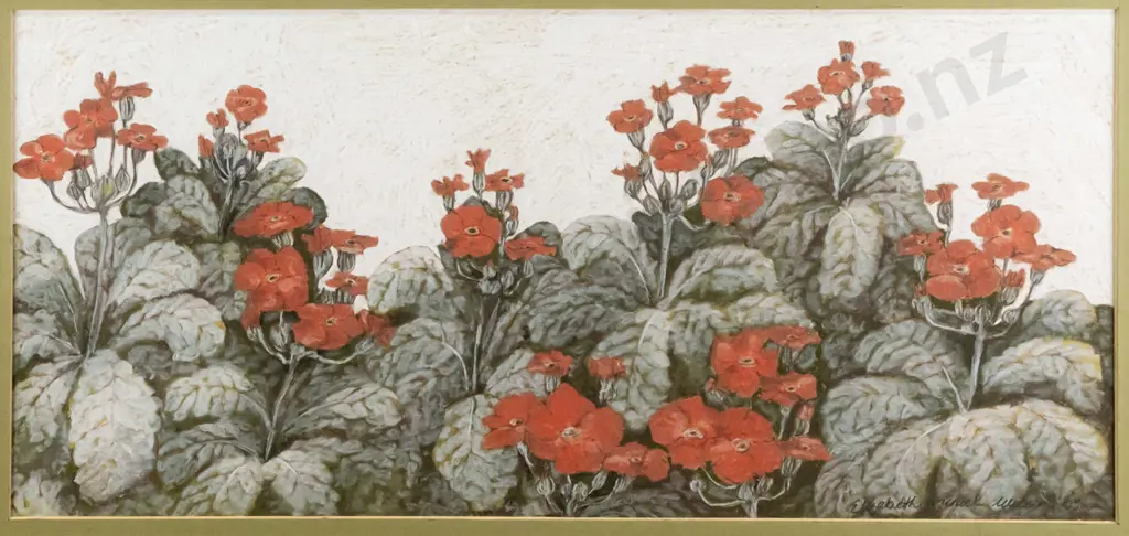 Elizabeth Warnock Wilson '83 - framed mixed media "Polyanthus Border" H-210 W-460 Image 1++