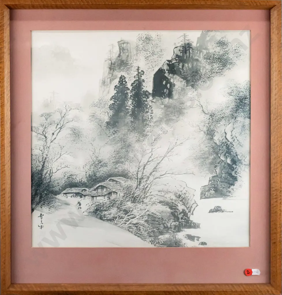 framed Japanese print - houses and mountain scene H-405 W-405 Image 1++