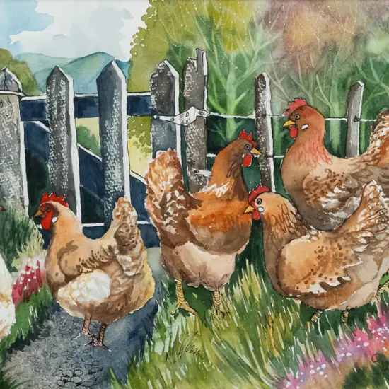 Susie Ruddenklau '96 - framed ink and watercolour - chickens (foxing to mat) H-230 W-380