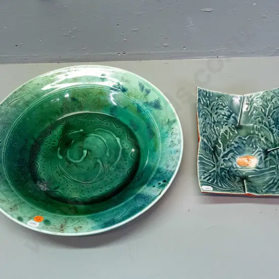 2 studio pottery items - charger / bowl marked AS '93 and a rectangular dish with textured and folded design and figural