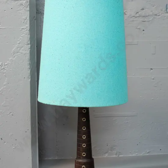 deco oak souvenir St. Malo lighthouse table lamp with turquoise fabric shade - lamp marked MEJ Regnier St. Malo