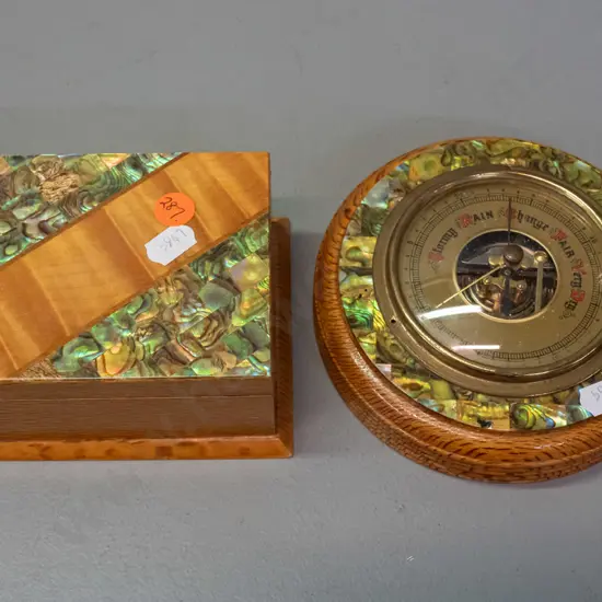 2 pieces of paua shell and timber souvenir ware - wall barometer and mixed timber trinket box, both w/ Ataahua NZ label.