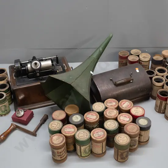 wood cased Edison cylinder phonograph winding handle, extra transducer, horn and numerous cylinders. Horn does not seem