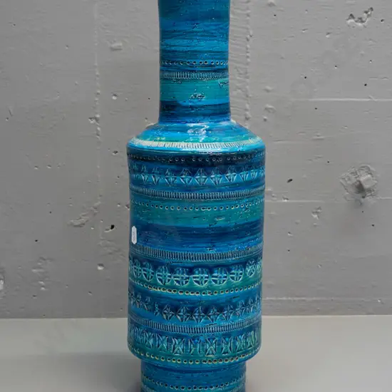 Bitossi blue & green bottle vase with impressed geometric patterns  - marked Italy and 1577/H2 on base. Retouched chip