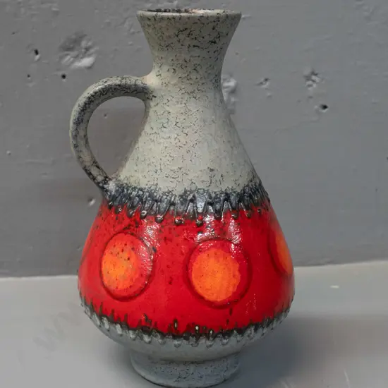 German pottery single handled vase - matte with high glaze orange band - marked 334-21. H-220 D-130
