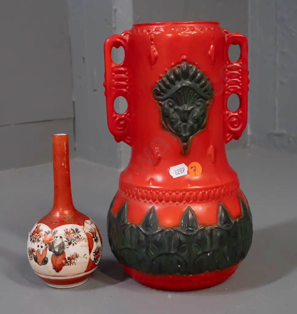 2 vintage vases - double handled red and black, marked Czechoslovakia, and a small Satsuma bottle vase with character Image 1++