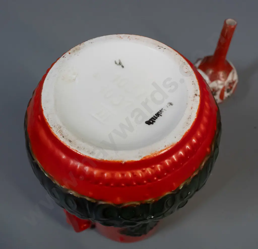 2 vintage vases - double handled red and black, marked Czechoslovakia, and a small Satsuma bottle vase with character Image 1++
