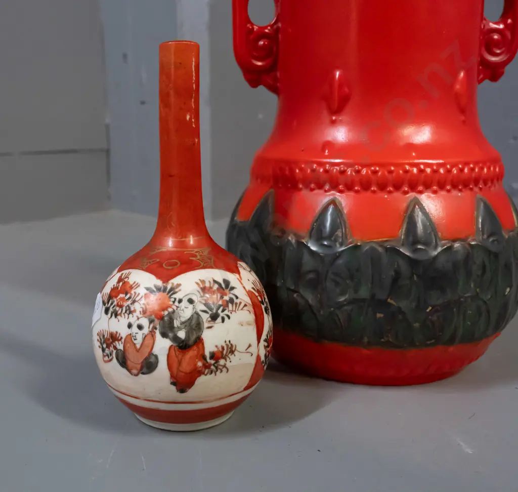 2 vintage vases - double handled red and black, marked Czechoslovakia, and a small Satsuma bottle vase with character Image 1++