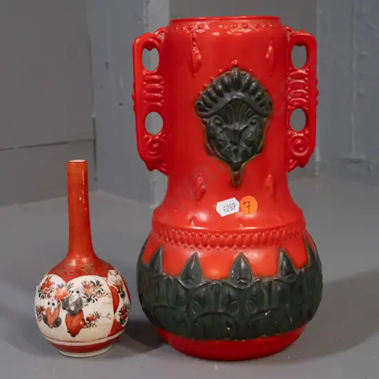 2 vintage vases - double handled red and black, marked Czechoslovakia, and a small Satsuma bottle vase with character