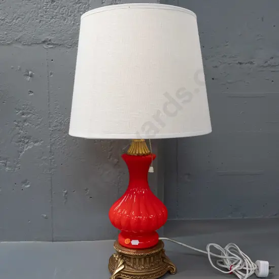 retro glass and brass-finish cast metal table lamp classical fluted shape and floral swags, on 3 feet H-600 Shade D-330