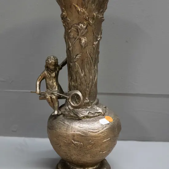 cast metal brass finish vase with relief flowers and girl with butterfly net H-210