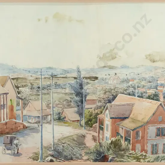framed watercolour - man pulling cart down street (some foxing) H-290 W-430