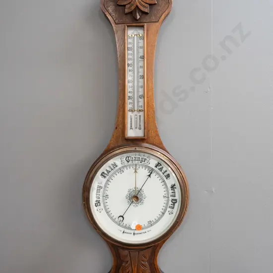 vintage wall barometer-thermometer w/ carved oak case, bevelled glass, mercury thermometer, porcelain faces H-820 W-230