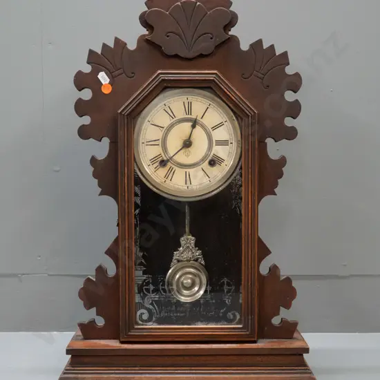 vintage Ansonia timber-cased mantel clock with key - some wear to pattern on glass front H-570 W-370 D-120  (going)