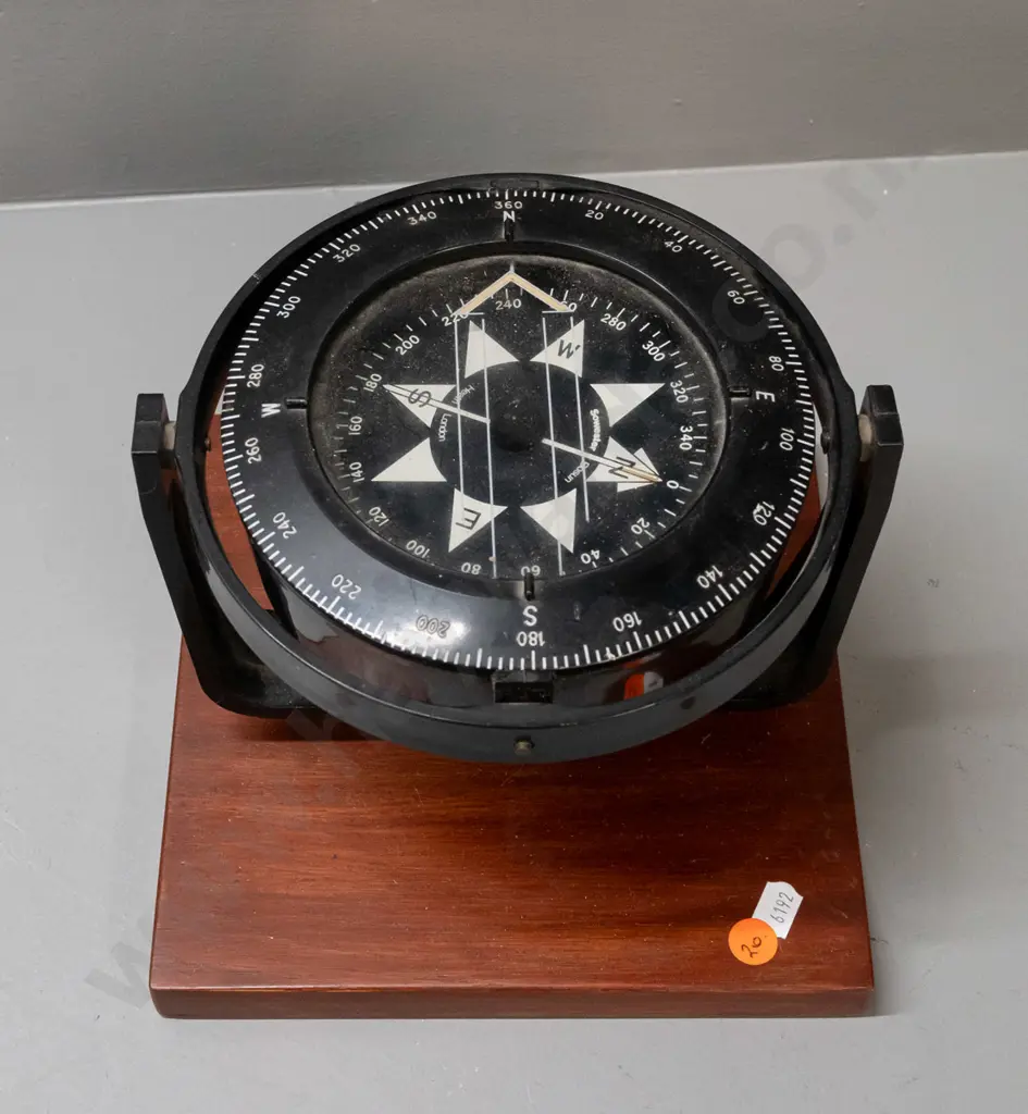 Sowester Bosun Heath London gimbal-mount ship's compass - plastic body on timber base H-180 Dial D-150 Image 1++